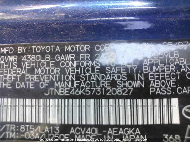 JTNBE46K573120827 - 2007 TOYOTA CAMRY NEW GENERAT CE/LE/XLE/SE BLUE photo 9