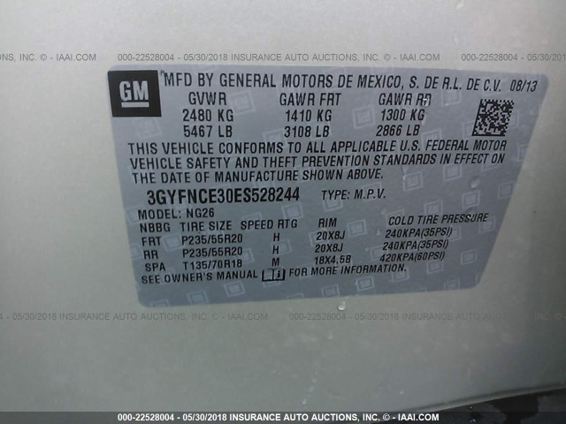 3GYFNCE30ES528244 - 2014 CADILLAC SRX PERFORMANCE COLLECTION Күміс түсті фото 9