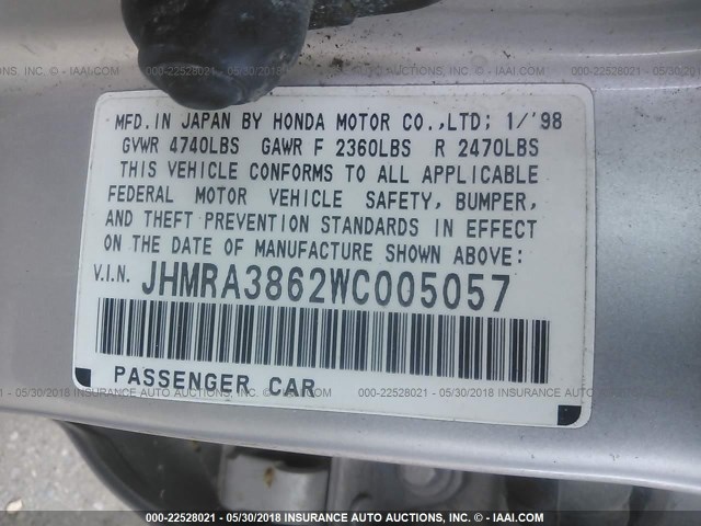 JHMRA3862WC005057 - 1998 HONDA ODYSSEY LX/EX SILVER photo 9