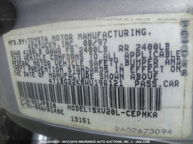 4T1BG22K8WU196121 - 1998 TOYOTA CAMRY CE/LE/XLE 浅蓝色 照片 9