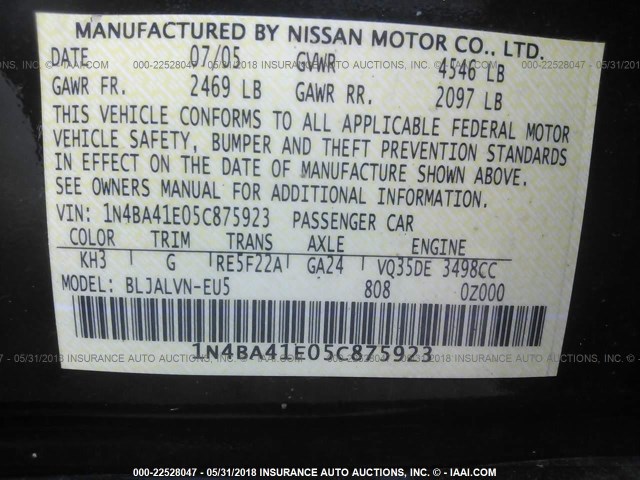 1N4BA41E05C875923 - 2005 NISSAN MAXIMA SE/SL BLACK photo 9