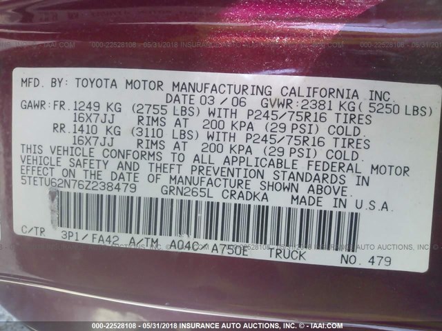 5TETU62N76Z238479 - 2006 TOYOTA TACOMA PRERUNNER ACCESS CAB RED photo 9