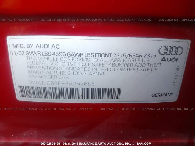 WAULC68E93A252686 - 2003 AUDI A4 1.8T QUATTRO RED photo 9