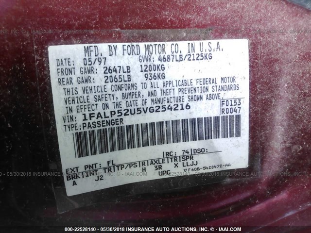 1FALP52U5VG254216 - 1997 FORD TAURUS GL RED photo 9