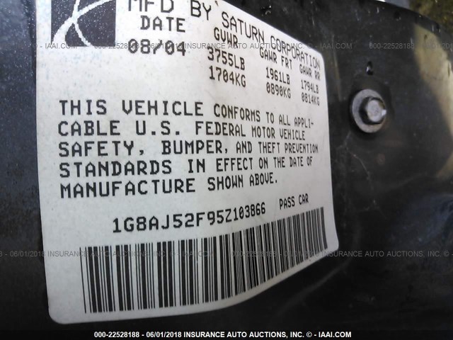 1G8AJ52F95Z103866 - 2005 SATURN ION LEVEL 2 GRAY photo 9