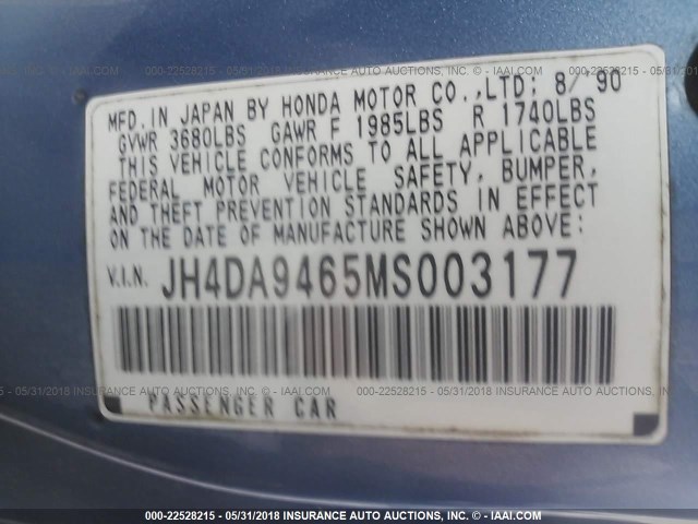 JH4DA9465MS003177 - 1991 ACURA INTEGRA GS BLUE photo 9