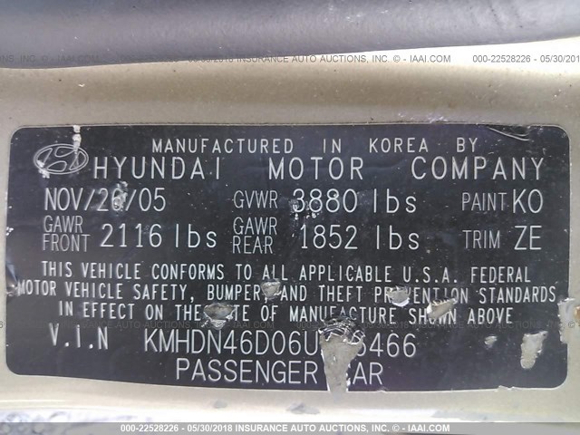 KMHDN46D06U246466 - 2006 HYUNDAI ELANTRA GLS/GT/LIMITED TAN photo 9