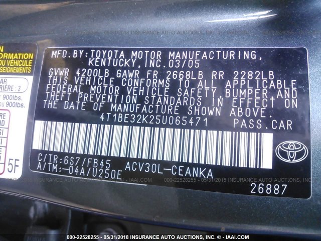 4T1BE32K25U065471 - 2005 TOYOTA CAMRY LE/XLE/SE მწვანე ფოტო 9