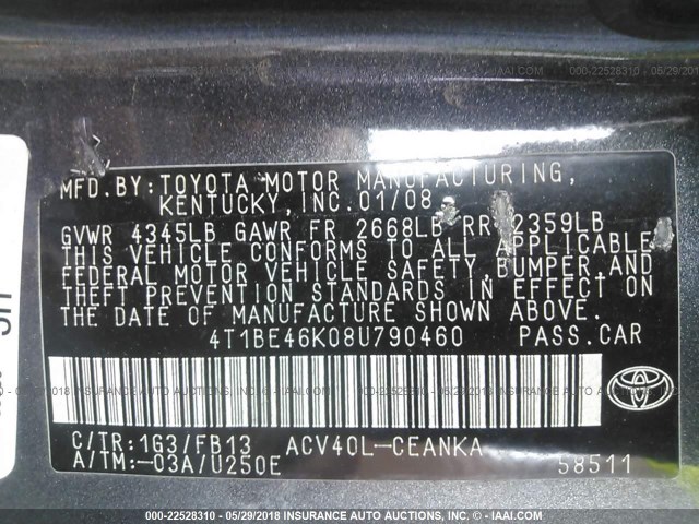 4T1BE46K08U790460 - 2008 TOYOTA CAMRY CE/LE/XLE/SE GRAY photo 9