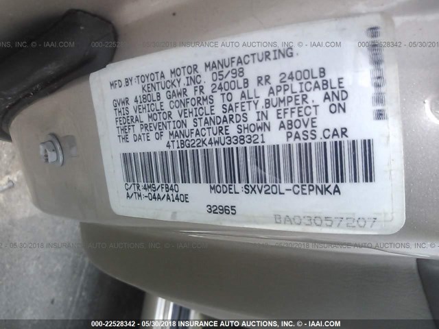 4T1BG22K4WU338321 - 1998 TOYOTA CAMRY CE/LE/XLE ოქროსფერი ფოტო 9