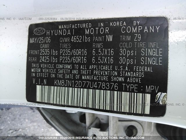 KM8JN12D77U478376 - 2007 HYUNDAI TUCSON SE/LIMITED WHITE photo 9