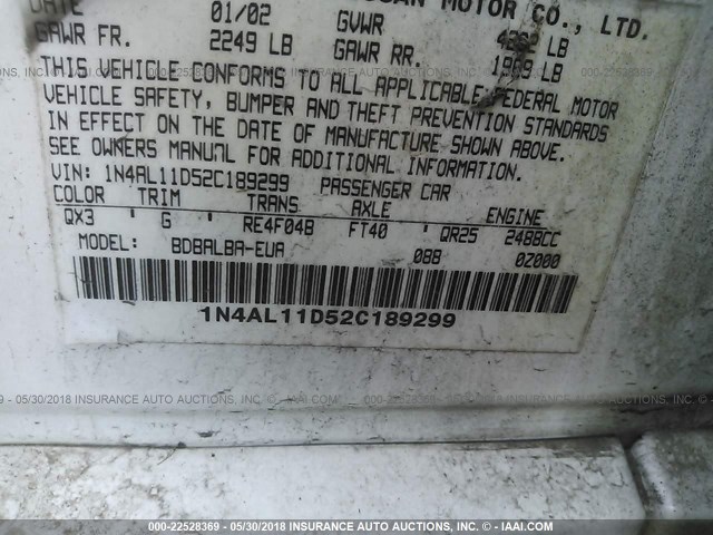 1N4AL11D52C189299 - 2002 NISSAN ALTIMA S/SL WHITE photo 9