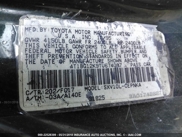 4T1BG12K9TU674097 - 1996 TOYOTA CAMRY DX/LE/XLE BLACK photo 9