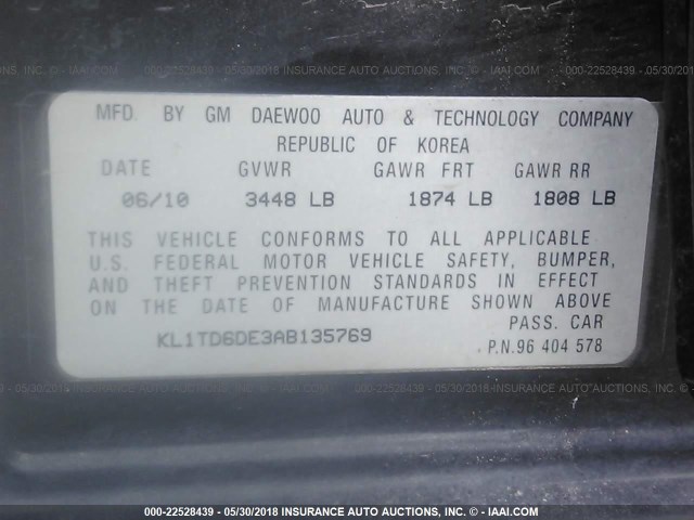 KL1TD6DE3AB135769 - 2010 CHEVROLET AVEO LS/LT 黑色 照片 9