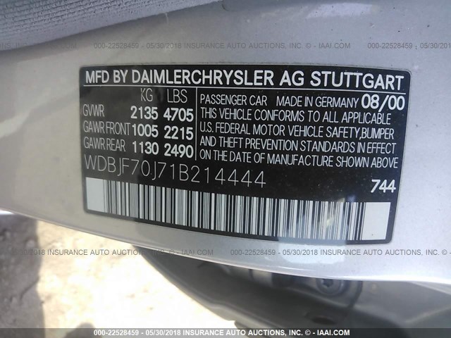 WDBJF70J71B214444 - 2001 MERCEDES-BENZ E 430 GRAY photo 9