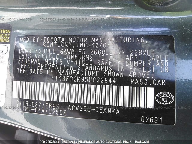 4T1BE32K95U022844 - 2005 TOYOTA CAMRY LE/XLE/SE Yaşıl foto 9