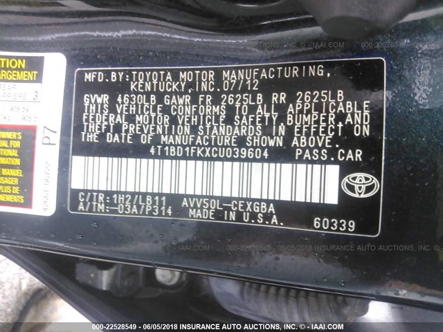 4T1BD1FKXCU039604 - 2012 TOYOTA CAMRY HYBRID/LE/XLE 黑色 照片 9