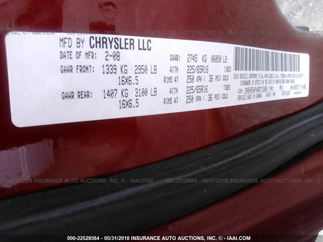 2A8HR54P48R713085 - 2008 CHRYSLER TOWN & COUNTRY TOURING MAROON photo 9