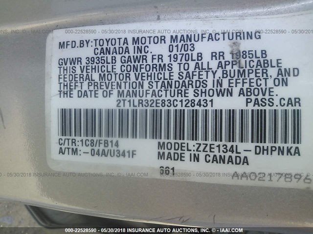 2T1LR32E83C128431 - 2003 TOYOTA COROLLA MATRIX XR SILVER photo 9