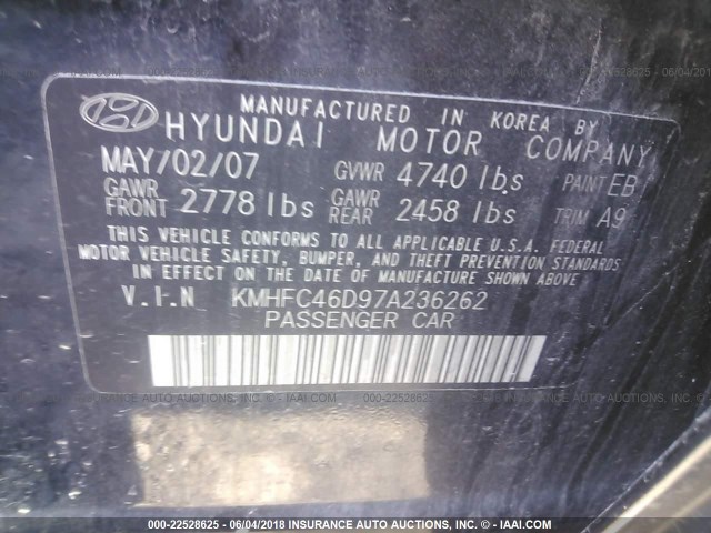 KMHFC46D97A236262 - 2007 HYUNDAI AZERA GLS BLACK photo 9