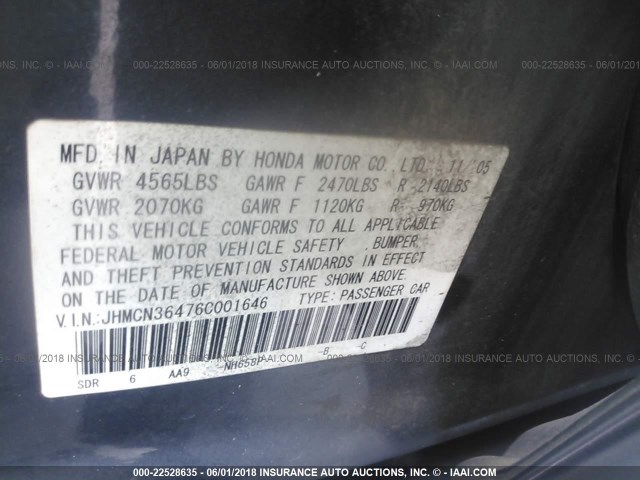 JHMCN36476C001646 - 2006 HONDA ACCORD HYBRID GRAY photo 9