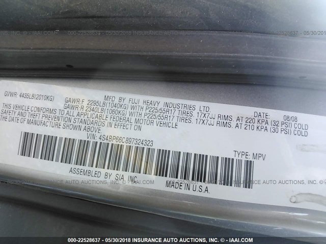 4S4BP66C897324323 - 2009 SUBARU OUTBACK 2.5I LIMITED GRAY photo 9