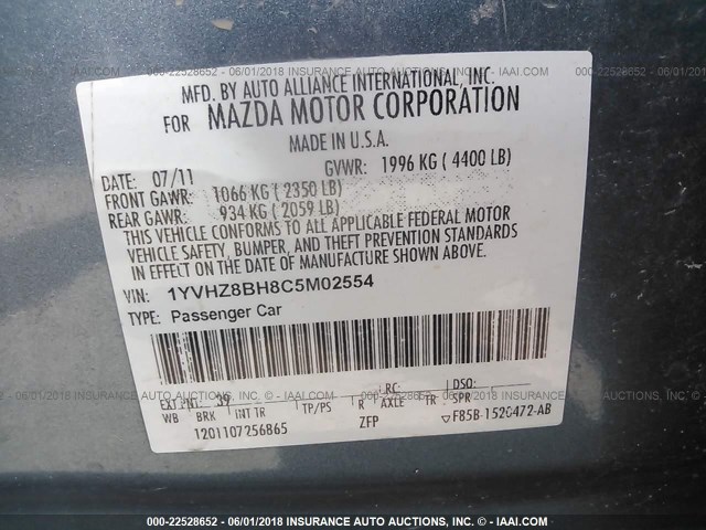 1YVHZ8BH8C5M02554 - 2012 MAZDA 6 I Светло-синий фото 9