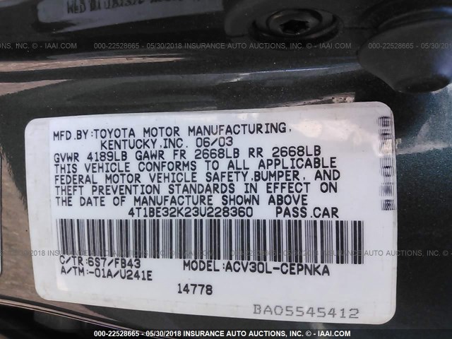 4T1BE32K23U228360 - 2003 TOYOTA CAMRY LE/XLE/SE Yaşıl foto 9