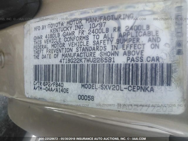 4T1BG22K2VU767102 - 1997 TOYOTA CAMRY CE/LE/XLE ოქროსფერი ფოტო 9