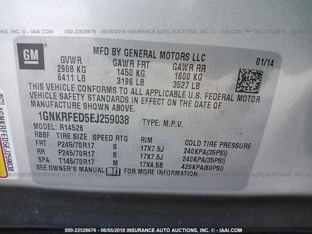 1GNKRFED5EJ259038 - 2014 CHEVROLET TRAVERSE LS SILVER photo 9