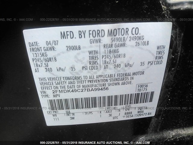 2FMDK49C27BA99456 - 2007 FORD EDGE SEL PLUS BLACK photo 9