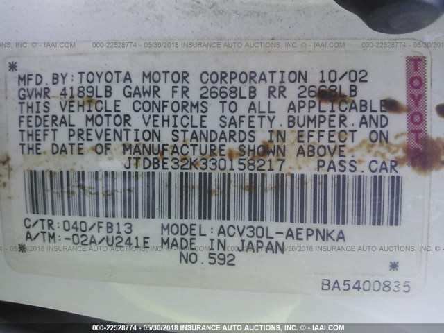 JTDBE32K330158217 - 2003 TOYOTA CAMRY LE/XLE WHITE photo 9