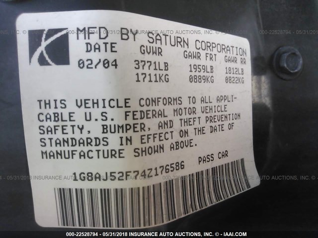 1G8AJ52F74Z176586 - 2004 SATURN ION LEVEL 2 GRAY photo 9