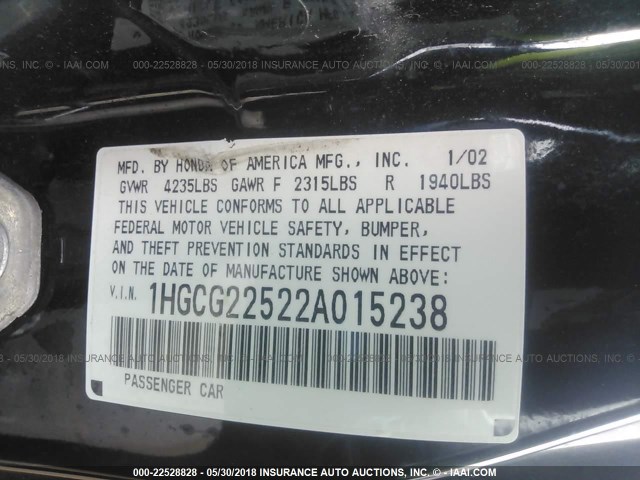 1HGCG22522A015238 - 2002 HONDA ACCORD EX 黑色 照片 9