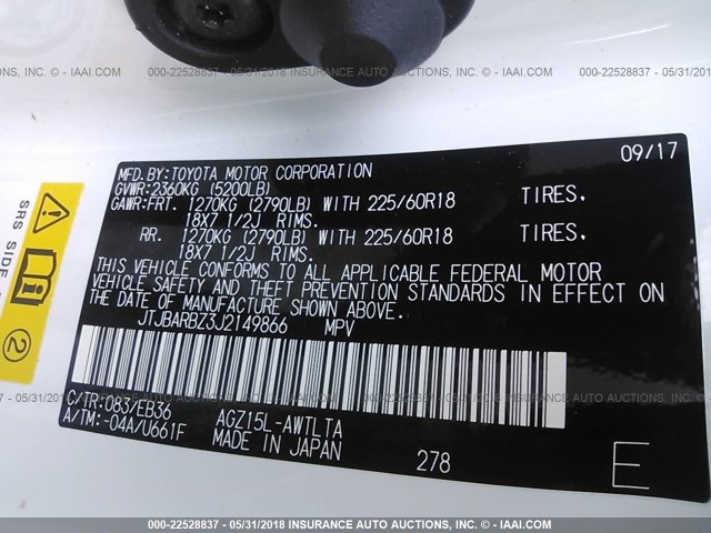 JTJBARBZ3J2149866 - 2018 LEXUS NX 300/BASE/F SPORT 白色 照片 9