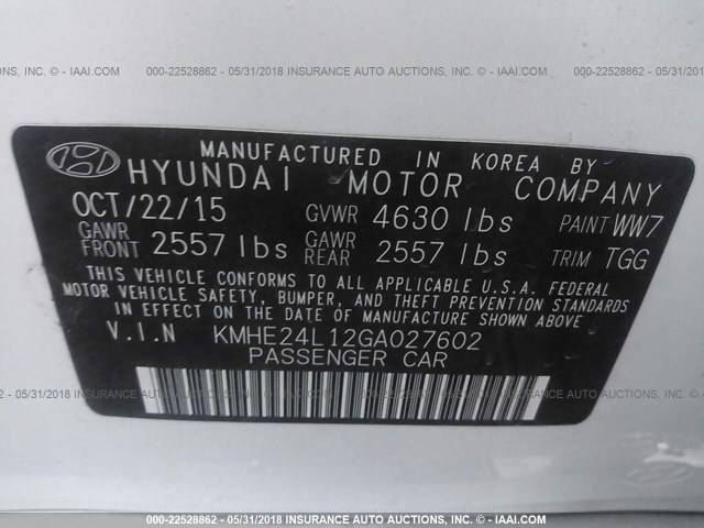 KMHE24L12GA027602 - 2016 HYUNDAI SONATA HYBRID/SE WHITE photo 9