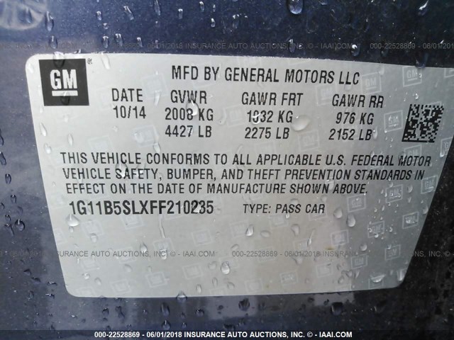 1G11B5SLXFF210235 - 2015 CHEVROLET MALIBU LS BLUE photo 9