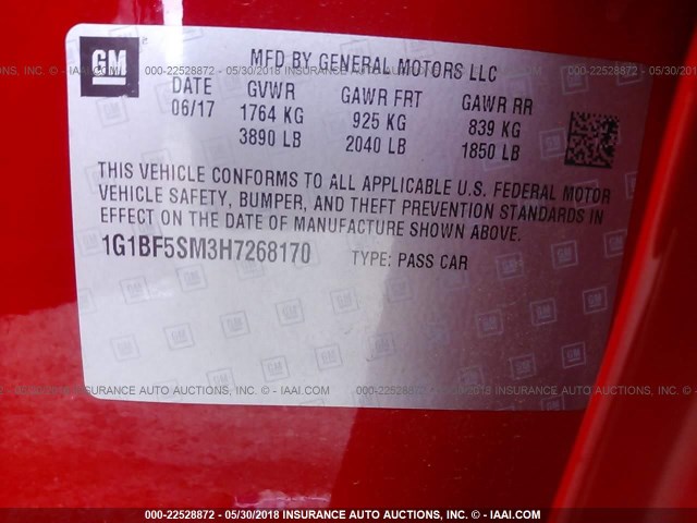 1G1BF5SM3H7268170 - 2017 CHEVROLET CRUZE PREMIER RED photo 9