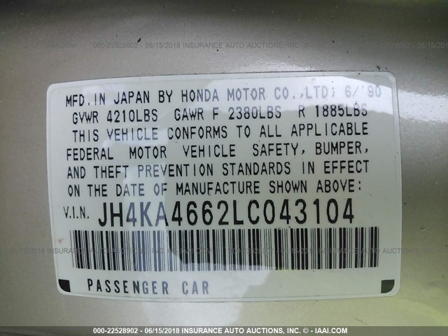 JH4KA4662LC043104 - 1990 ACURA LEGEND L GOLD photo 9