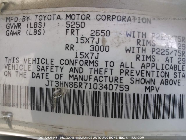 JT3HN86R710340759 - 2001 TOYOTA 4RUNNER SR5 GOLD photo 9