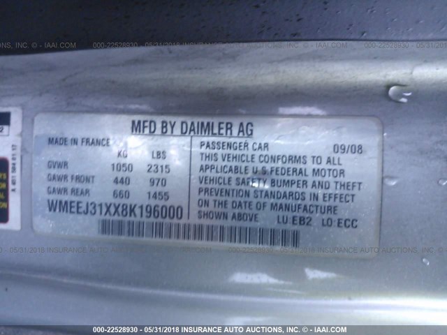 WMEEJ31XX8K196000 - 2008 SMART FORTWO PURE/PASSION BLUE photo 9