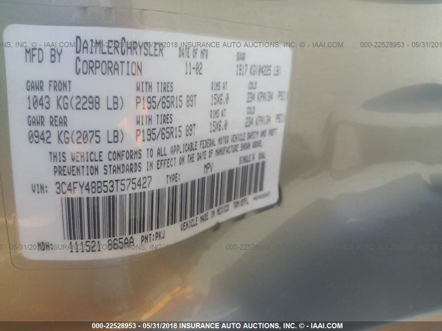 3C4FY48B53T575427 - 2003 CHRYSLER PT CRUISER CLASSIC 金色 照片 9