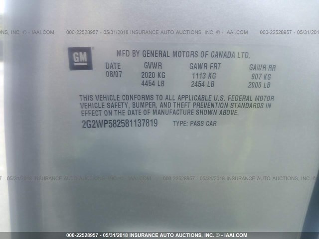 2G2WP582581137819 - 2008 PONTIAC GRAND PRIX SILVER photo 9