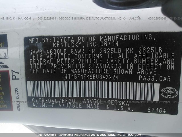4T1BF1FK9EU842224 - 2014 TOYOTA CAMRY L/SE/LE/XLE 白色 照片 9