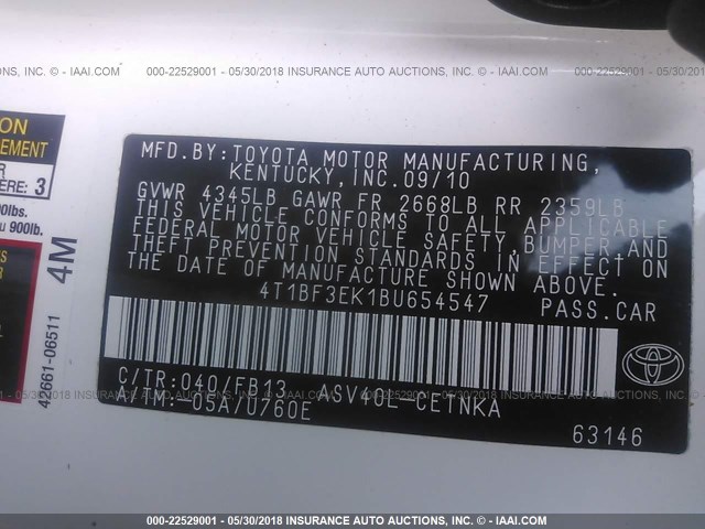 4T1BF3EK1BU654547 - 2011 TOYOTA CAMRY SE/LE/XLE 白色 照片 9