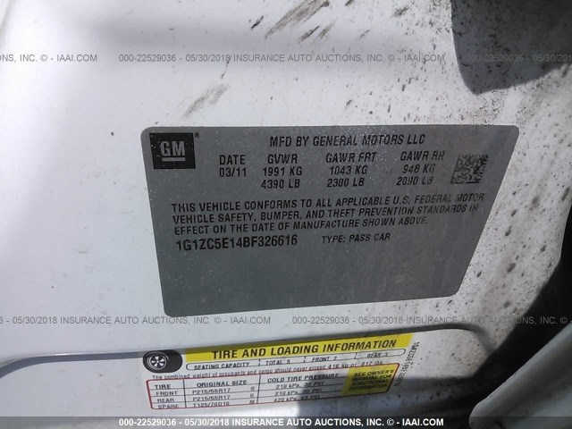 1G1ZC5E14BF326616 - 2011 CHEVROLET MALIBU 1LT 白色 照片 9