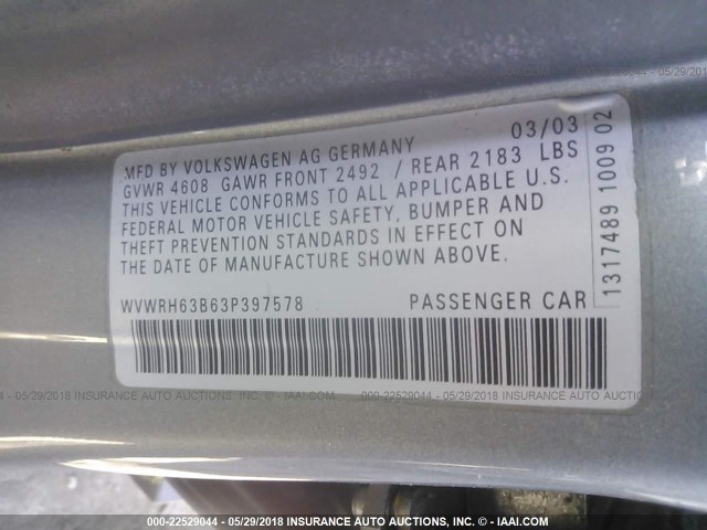 WVWRH63B63P397578 - 2003 VOLKSWAGEN PASSAT GLX 灰色 照片 9