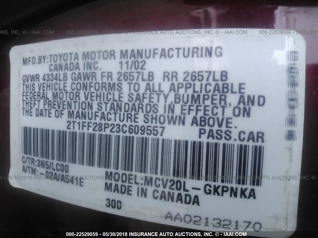 2T1FF28P23C609557 - 2003 TOYOTA CAMRY SOLARA SE/SLE წითელი ფოტო 9