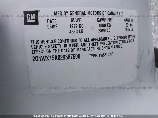 2G1WX15K029387690 - 2002 CHEVROLET MONTE CARLO SS WHITE photo 9