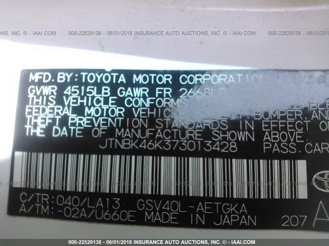 JTNBK46K373013428 - 2007 TOYOTA CAMRY NEW GENERAT LE/XLE/SE WHITE photo 9